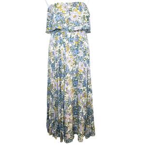 AaKaa The Palm Tree Floral Maxi Blue Lilac Sleeveless Strapless Tiered Sz L NWT